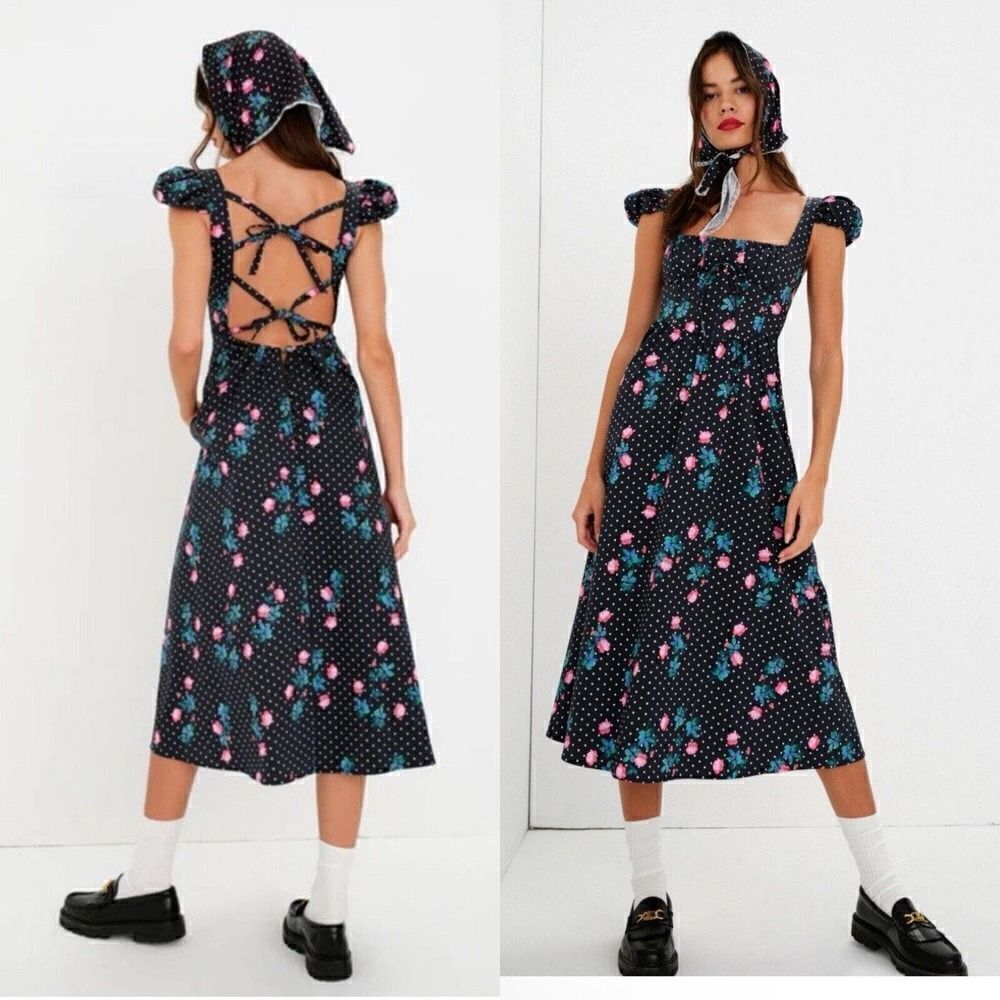 For Love & Lemons Sz M Florentina Midi Dress Floral Dot Print Cottage Cotton NwT